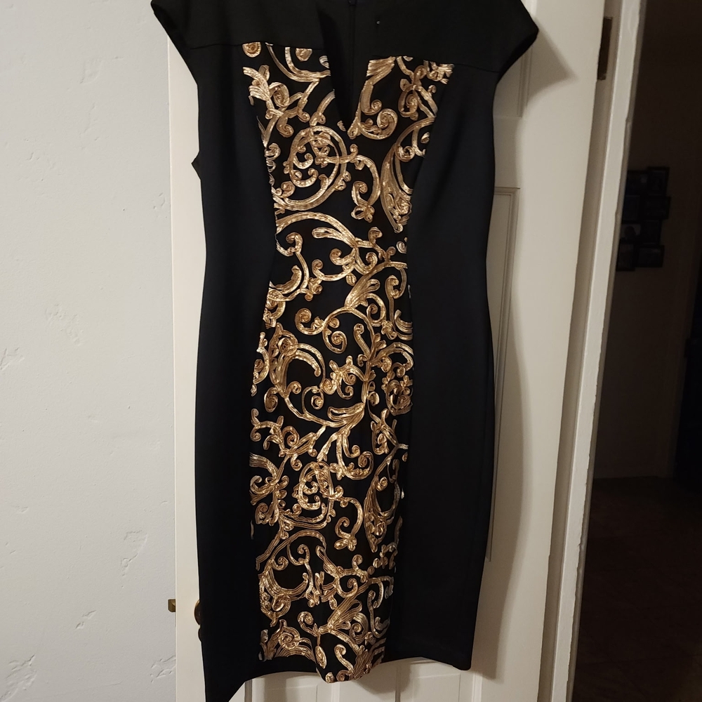 Connected Apparel Black and Gold Mini Dress